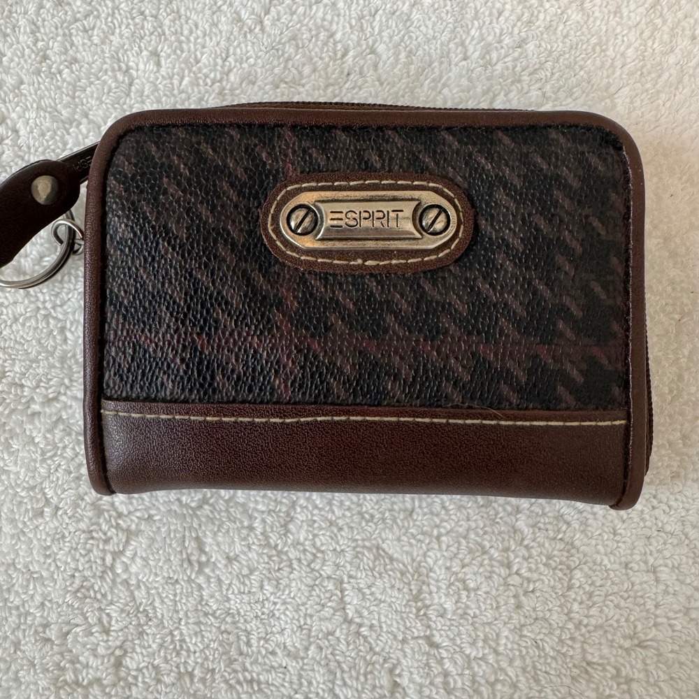 Vintage Esprit‎ Brown Houndstooth Zip Coin Purse Wallet ID Window Keychain Small